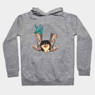 Cute Pomeranian Puppy and Cowboy boots Watercolor Art Hoodie